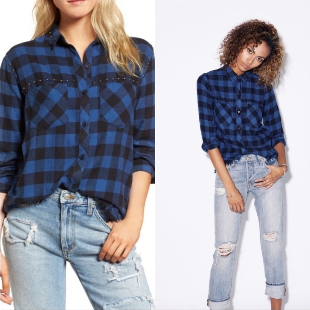 Rails Rex Blue plaid studded flannel Button up Shirt